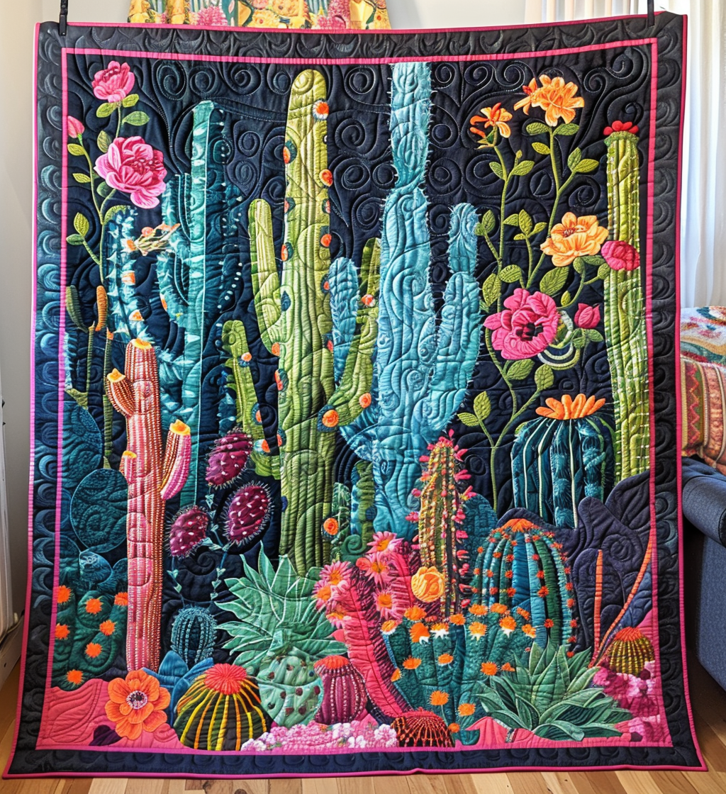 Cactus Garden Symphony Quilted Blanket - Throw (55" x 60")
