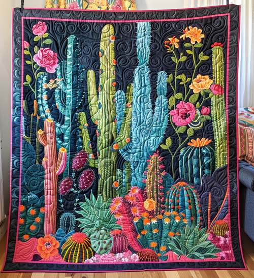 Cactus Garden Symphony Quilted Blanket - Throw (55" x 60")