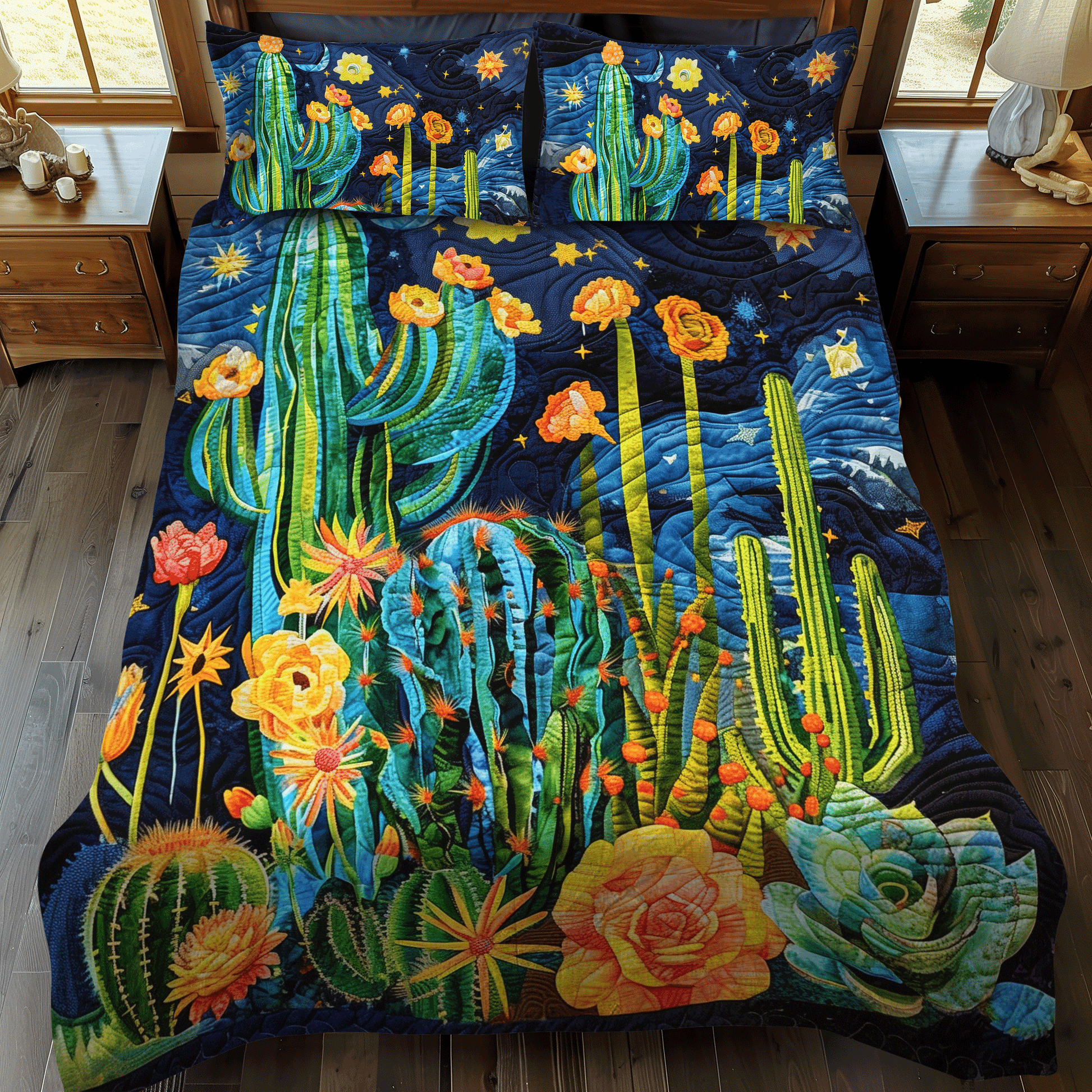 Cactus Night Sky 3-Piece Quilted Bedding Set - Single (59" x 70")