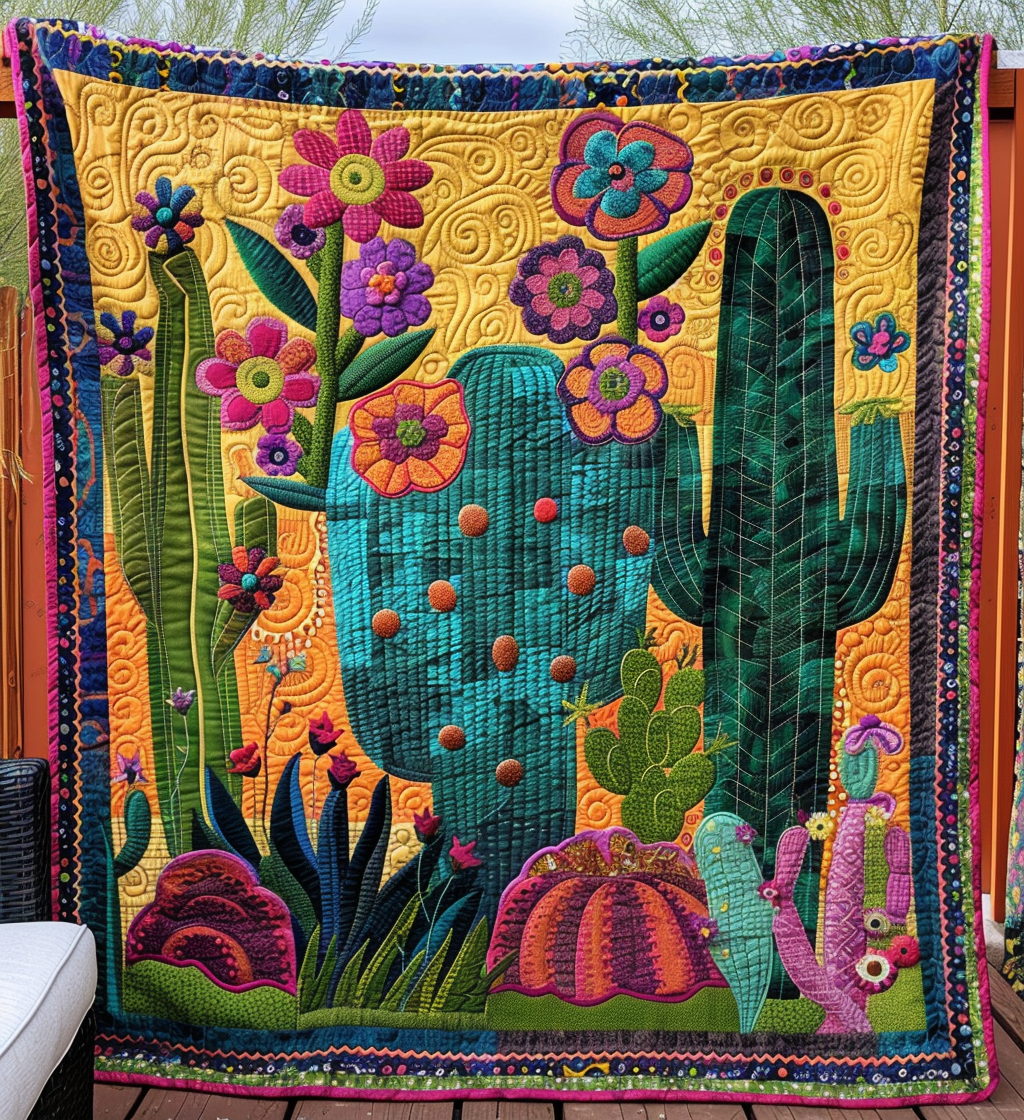 Cactus Sunrise Symphony Quilted Blanket - Throw (55" x 60")