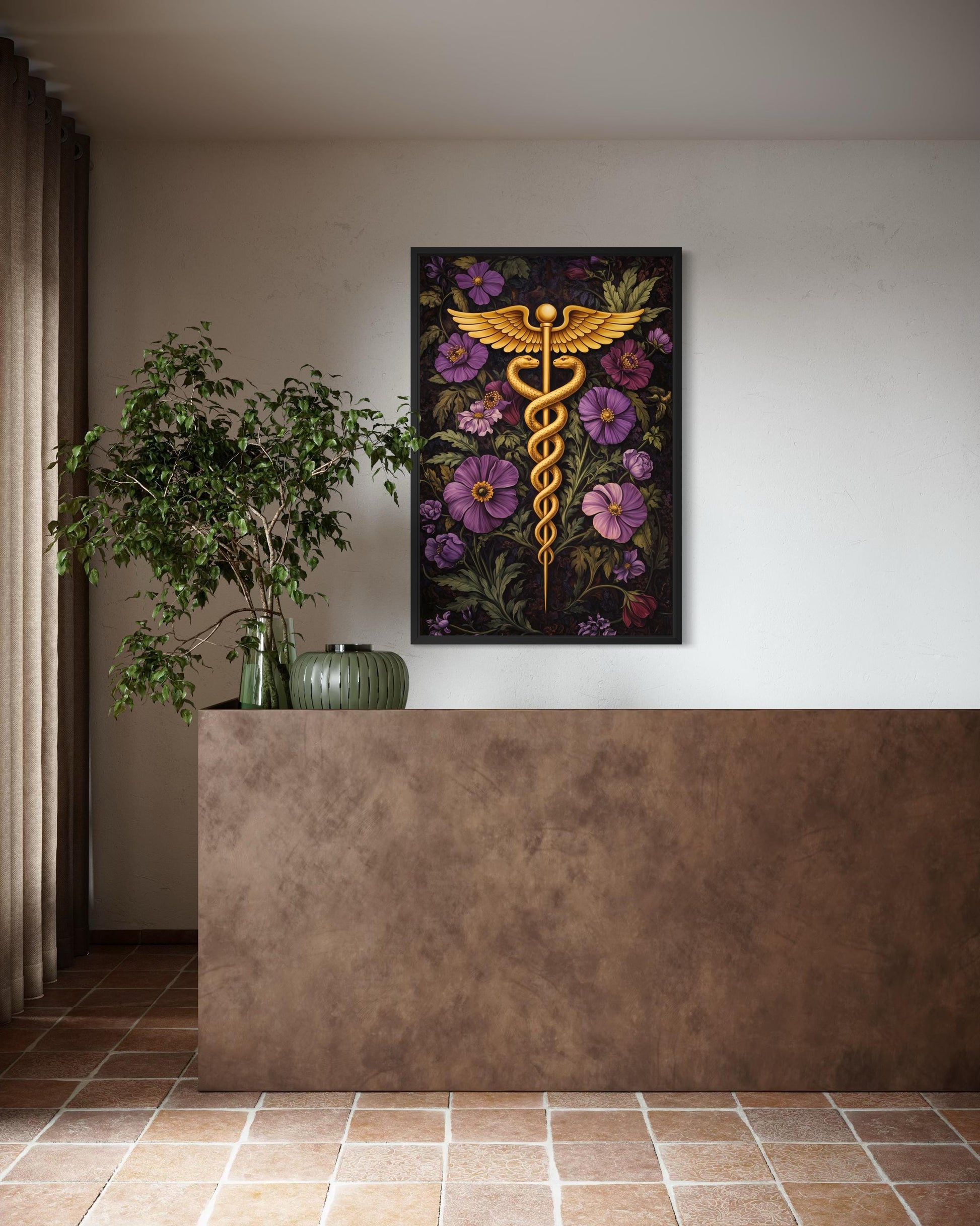 Caduceus Medical Wall Art – Floral Healthcare Print | Doctor Office Decor Canvas