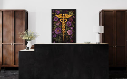 Caduceus Medical Wall Art – Floral Healthcare Print | Doctor Office Decor Canvas