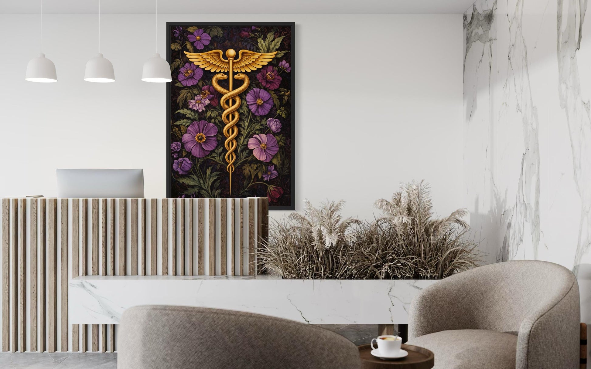 Caduceus Medical Wall Art – Floral Healthcare Print | Doctor Office Decor Canvas