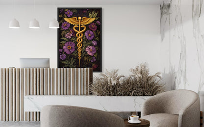 Caduceus Medical Wall Art – Floral Healthcare Print | Doctor Office Decor Canvas