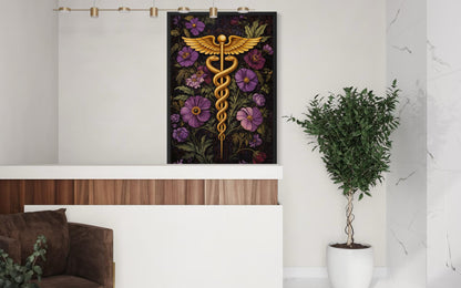 Caduceus Medical Wall Art – Floral Healthcare Print | Doctor Office Decor Canvas