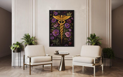 Caduceus Medical Wall Art – Floral Healthcare Print | Doctor Office Decor Canvas