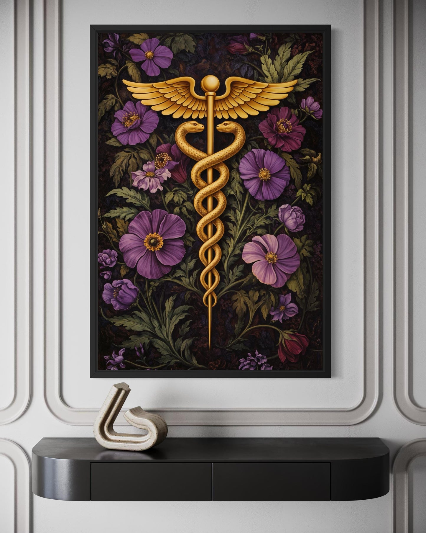 Caduceus Medical Wall Art – Floral Healthcare Print | Doctor Office Decor Canvas
