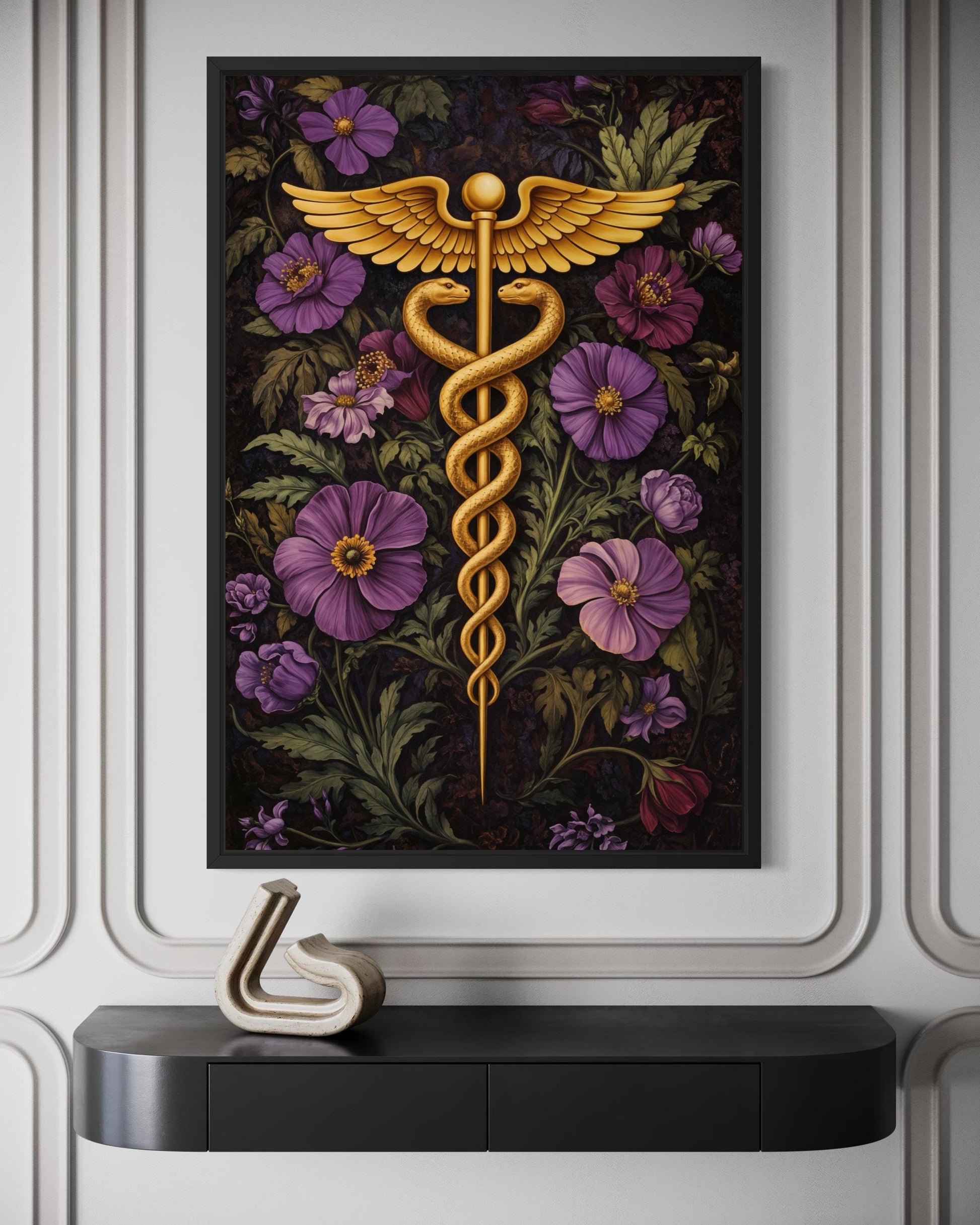 Caduceus Medical Wall Art – Floral Healthcare Print | Doctor Office Decor Canvas