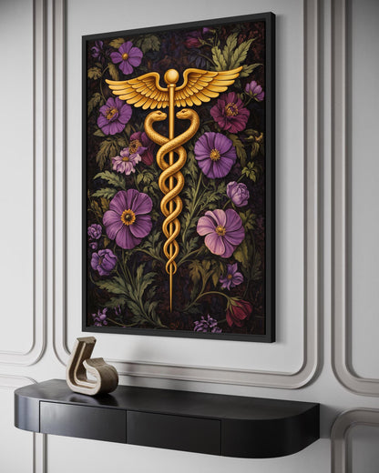 Caduceus Medical Wall Art – Floral Healthcare Print | Doctor Office Decor Canvas