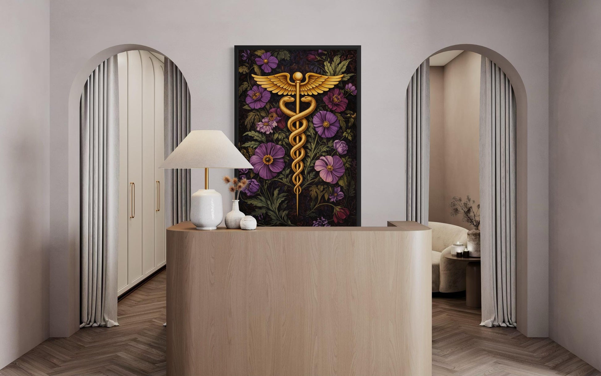 Caduceus Medical Wall Art – Floral Healthcare Print | Doctor Office Decor Canvas