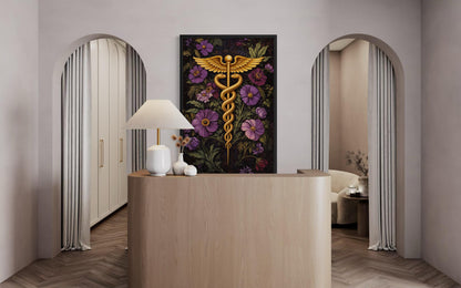 Caduceus Medical Wall Art – Floral Healthcare Print | Doctor Office Decor Canvas