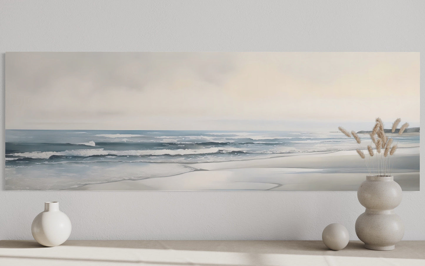 Calm Minimalist Beach Long Horizontal Coastal Framed Canvas Wall Art