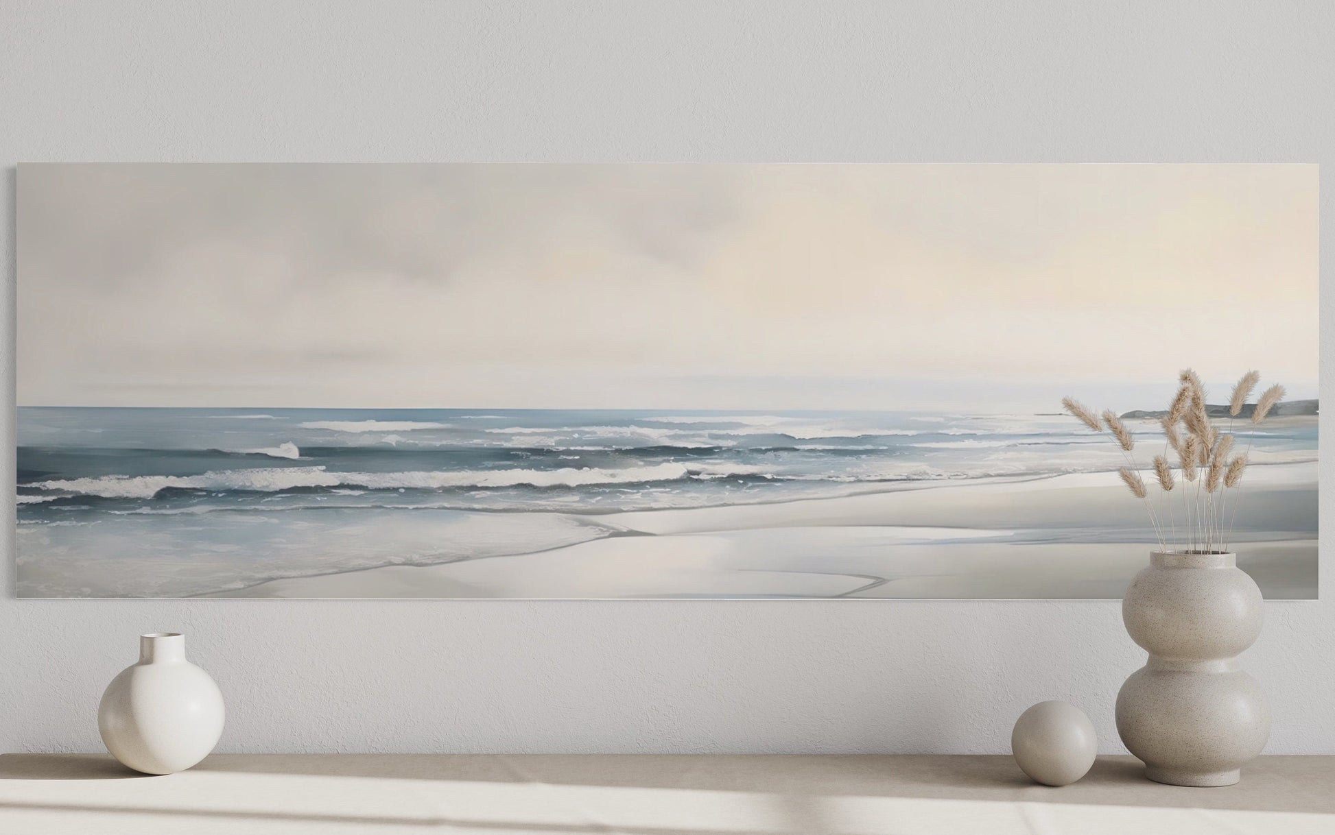Calm Minimalist Beach Long Horizontal Coastal Framed Canvas Wall Art