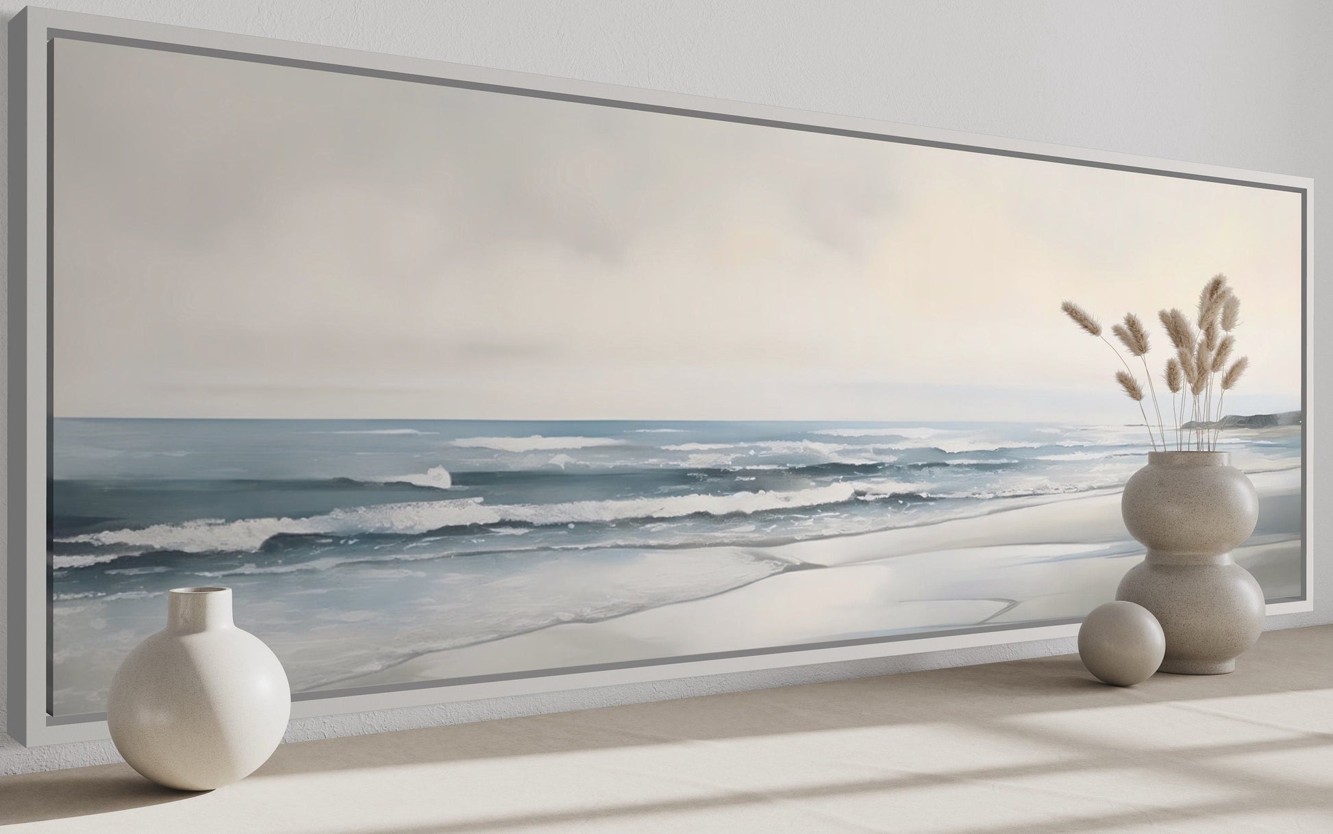 Calm Minimalist Beach Long Horizontal Coastal Framed Canvas Wall Art