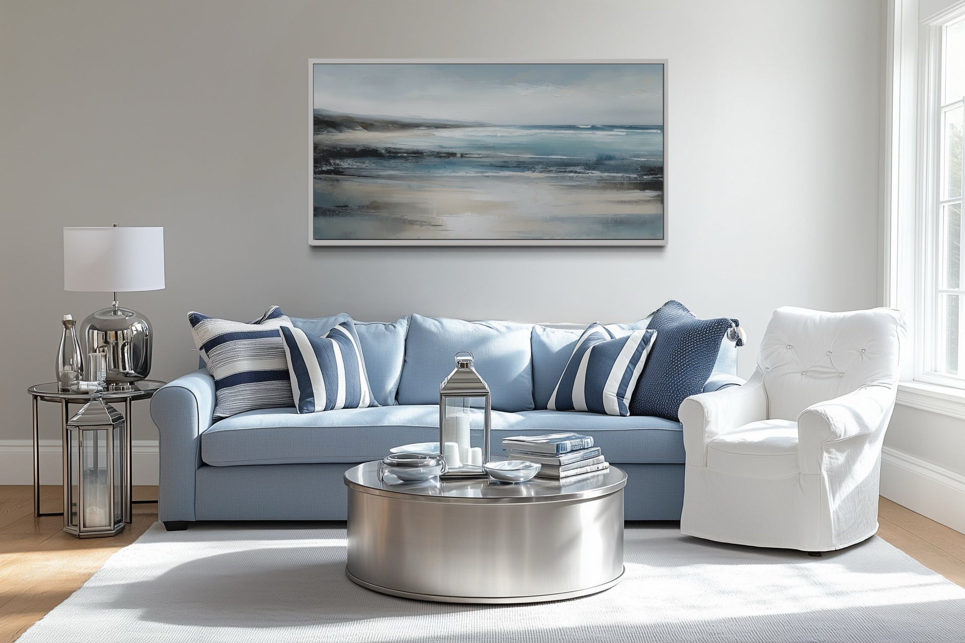Calm Minimalist Blue Gray Ocean Coastal Framed Canvas Wall