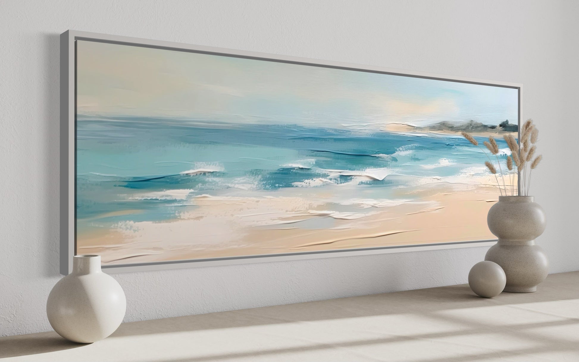 Calm Ocean Beach Panoramic Coastal Framed Canvas Wall Art