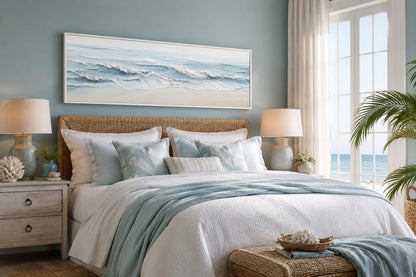 Calm Ocean Waves Rolling onto a Sandy Beach in Soft Blue and Cream Tones, Coastal Bedroom Wall Art