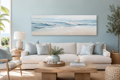 Calm Ocean Waves Rolling onto a Sandy Beach in Soft Blue and Cream Tones, Coastal Bedroom Wall Art