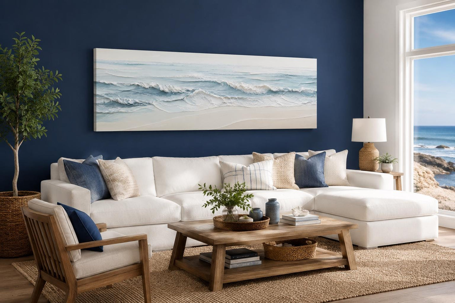 Calm Ocean Waves Rolling onto a Sandy Beach in Soft Blue and Cream Tones, Coastal Bedroom Wall Art