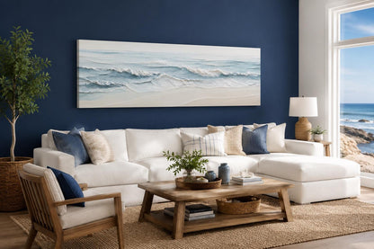 Calm Ocean Waves Rolling onto a Sandy Beach in Soft Blue and Cream Tones, Coastal Bedroom Wall Art