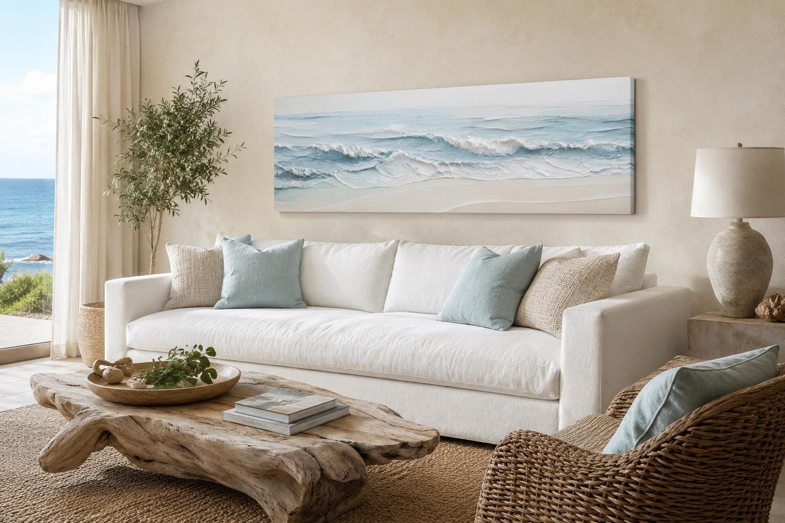 Calm Ocean Waves Rolling onto a Sandy Beach in Soft Blue and Cream Tones, Coastal Bedroom Wall Art
