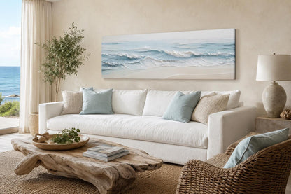 Calm Ocean Waves Rolling onto a Sandy Beach in Soft Blue and Cream Tones, Coastal Bedroom Wall Art