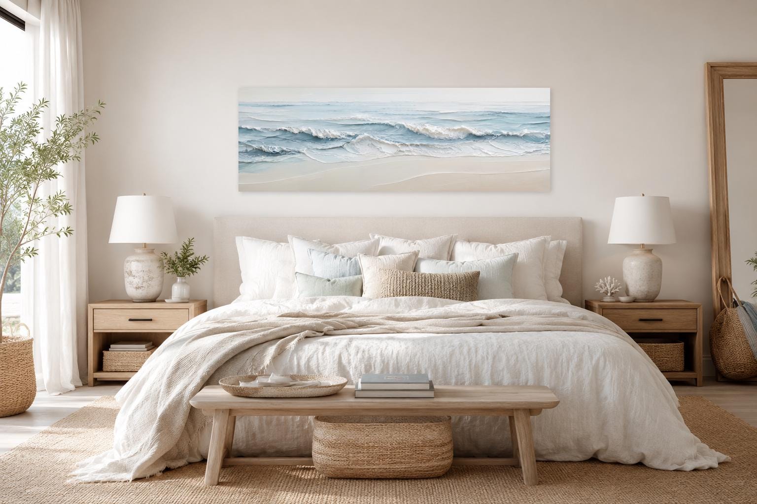 Calm Ocean Waves Rolling onto a Sandy Beach in Soft Blue and Cream Tones, Coastal Bedroom Wall Art