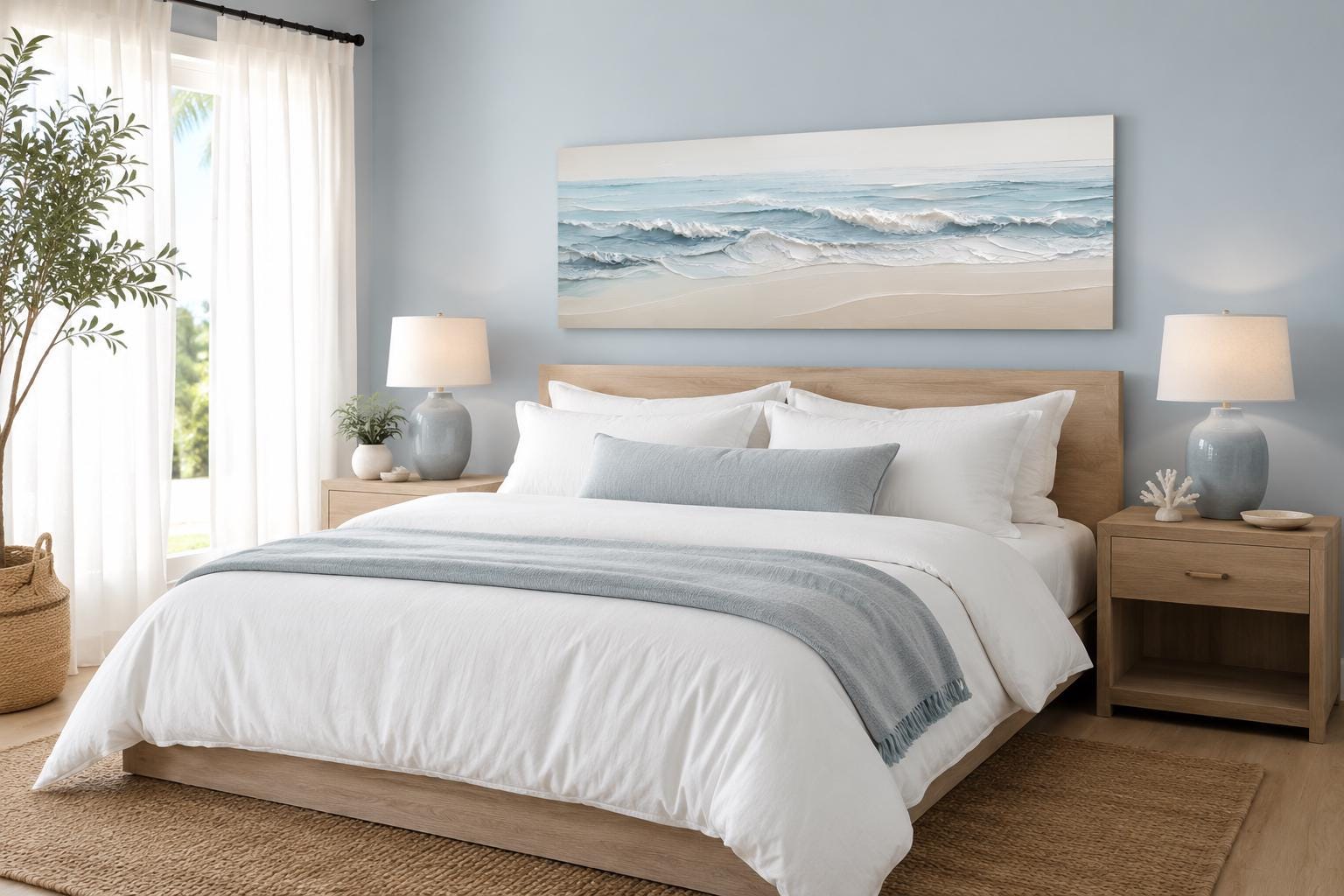 Calm Ocean Waves Rolling onto a Sandy Beach in Soft Blue and Cream Tones, Coastal Bedroom Wall Art