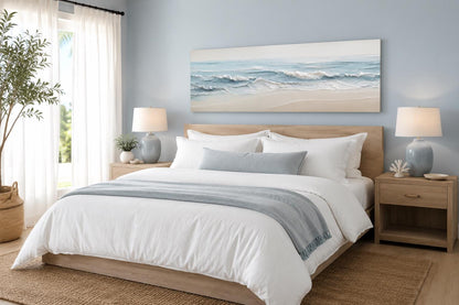 Calm Ocean Waves Rolling onto a Sandy Beach in Soft Blue and Cream Tones, Coastal Bedroom Wall Art