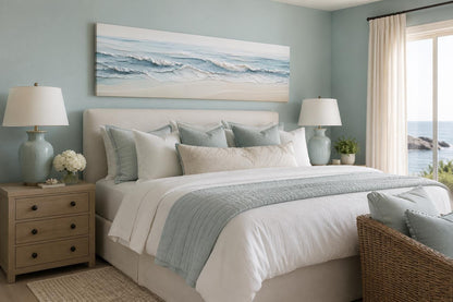 Calm Ocean Waves Rolling onto a Sandy Beach in Soft Blue and Cream Tones, Coastal Bedroom Wall Art