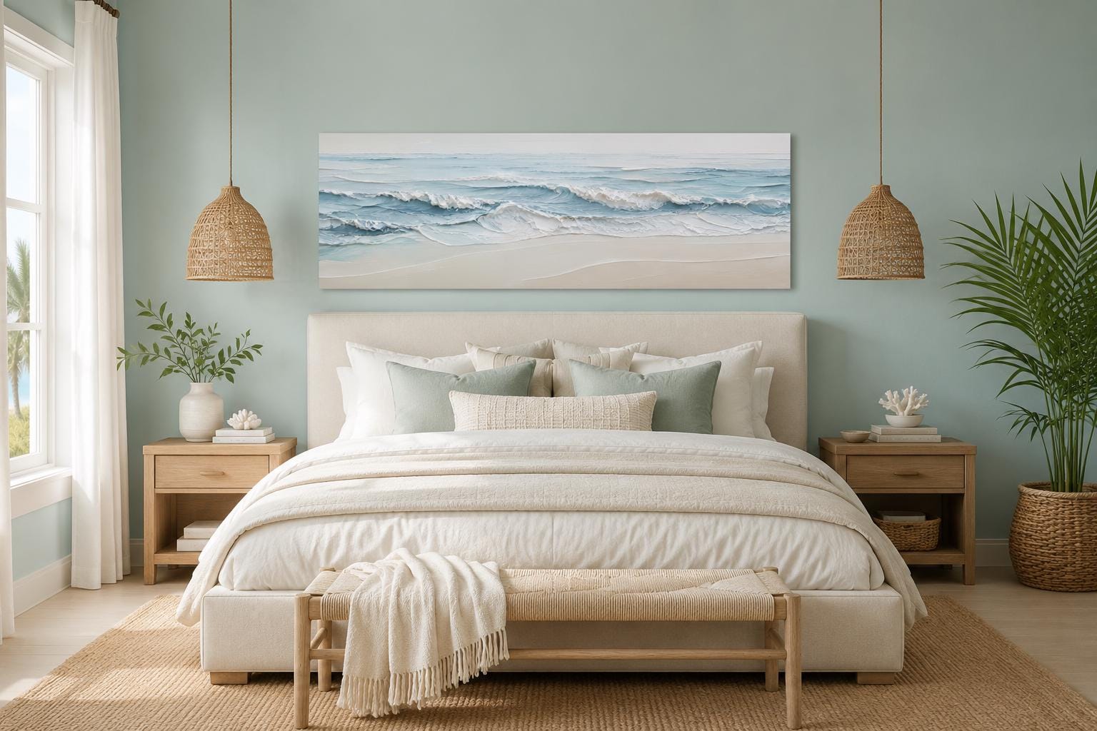 Calm Ocean Waves Rolling onto a Sandy Beach in Soft Blue and Cream Tones, Coastal Bedroom Wall Art