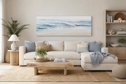 Calm Ocean Waves Rolling onto a Sandy Beach in Soft Blue and Cream Tones, Coastal Bedroom Wall Art