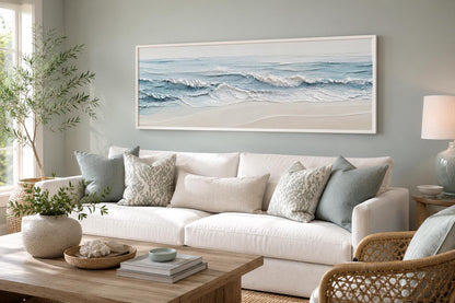 Calm Ocean Waves Rolling onto a Sandy Beach in Soft Blue and Cream Tones, Coastal Bedroom Wall Art