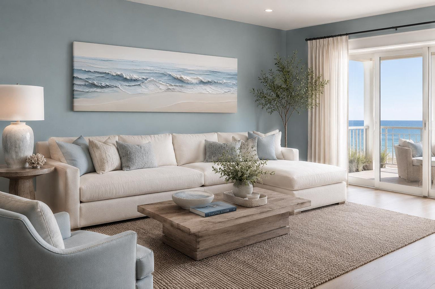 Calm Ocean Waves Rolling onto a Sandy Beach in Soft Blue and Cream Tones, Coastal Bedroom Wall Art
