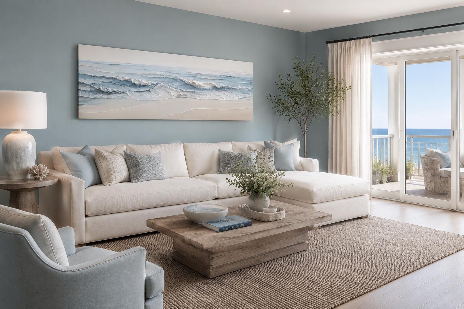 Calm Ocean Waves Rolling onto a Sandy Beach in Soft Blue and Cream Tones, Coastal Bedroom Wall Art