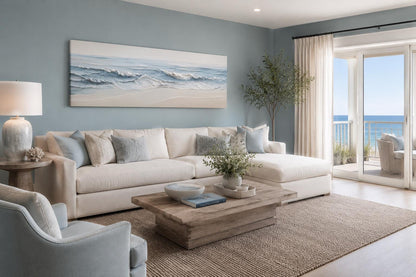 Calm Ocean Waves Rolling onto a Sandy Beach in Soft Blue and Cream Tones, Coastal Bedroom Wall Art
