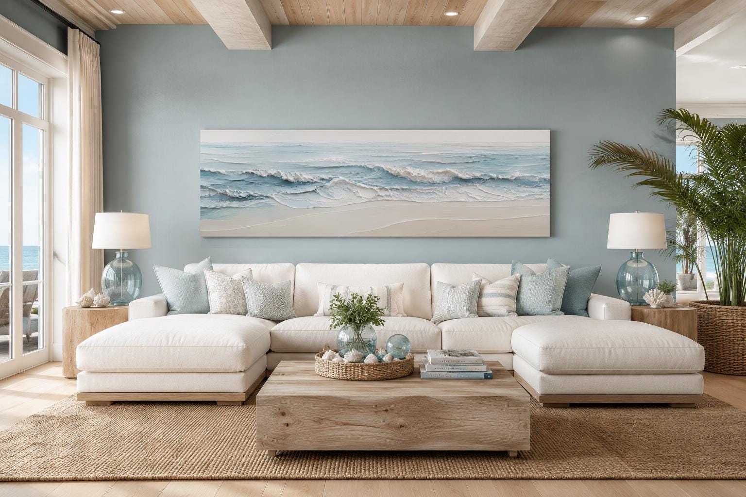 Calm Ocean Waves Rolling onto a Sandy Beach in Soft Blue and Cream Tones, Coastal Bedroom Wall Art