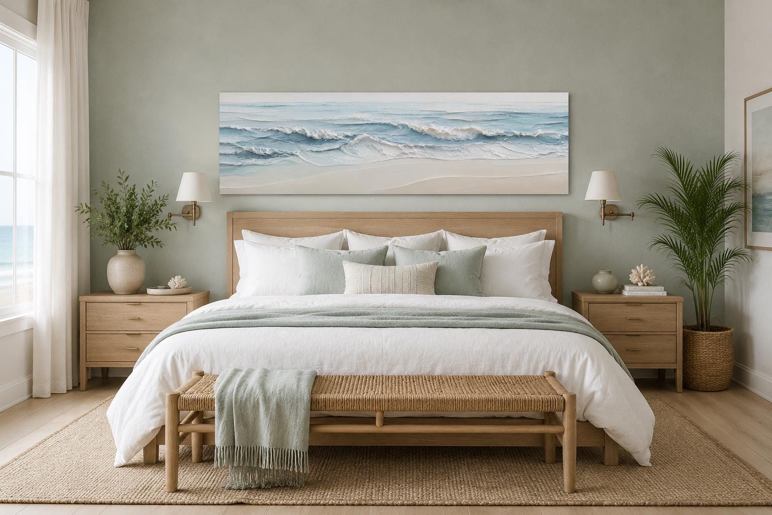 Calm Ocean Waves Rolling onto a Sandy Beach in Soft Blue and Cream Tones, Coastal Bedroom Wall Art