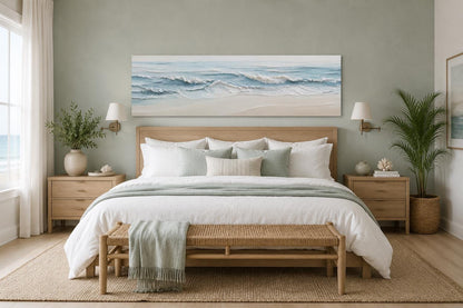 Calm Ocean Waves Rolling onto a Sandy Beach in Soft Blue and Cream Tones, Coastal Bedroom Wall Art