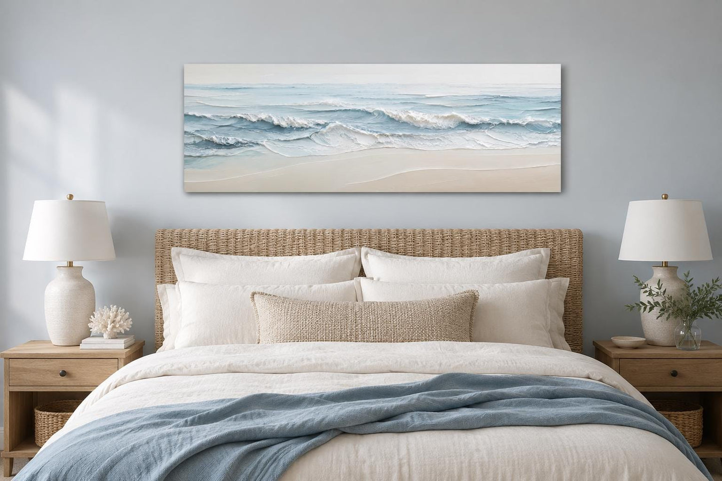 Calm Ocean Waves Rolling onto a Sandy Beach in Soft Blue and Cream Tones, Coastal Bedroom Wall Art