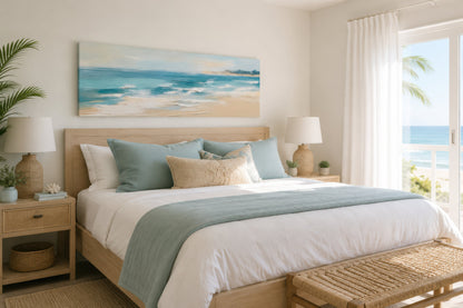 Calm Ocean Beach Panoramic Coastal Framed Canvas Wall Art