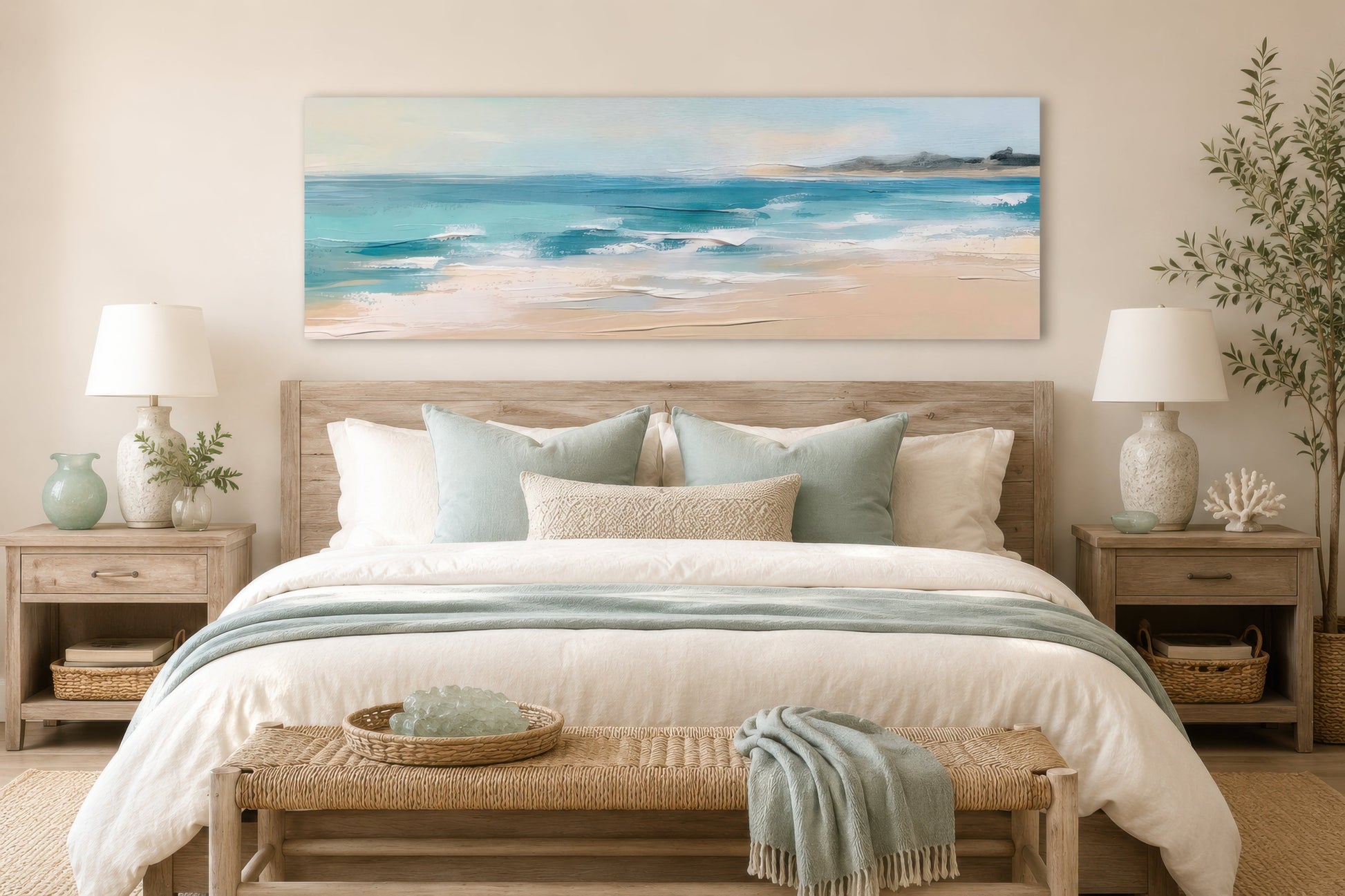 Calm Ocean Beach Panoramic Coastal Framed Canvas Wall Art