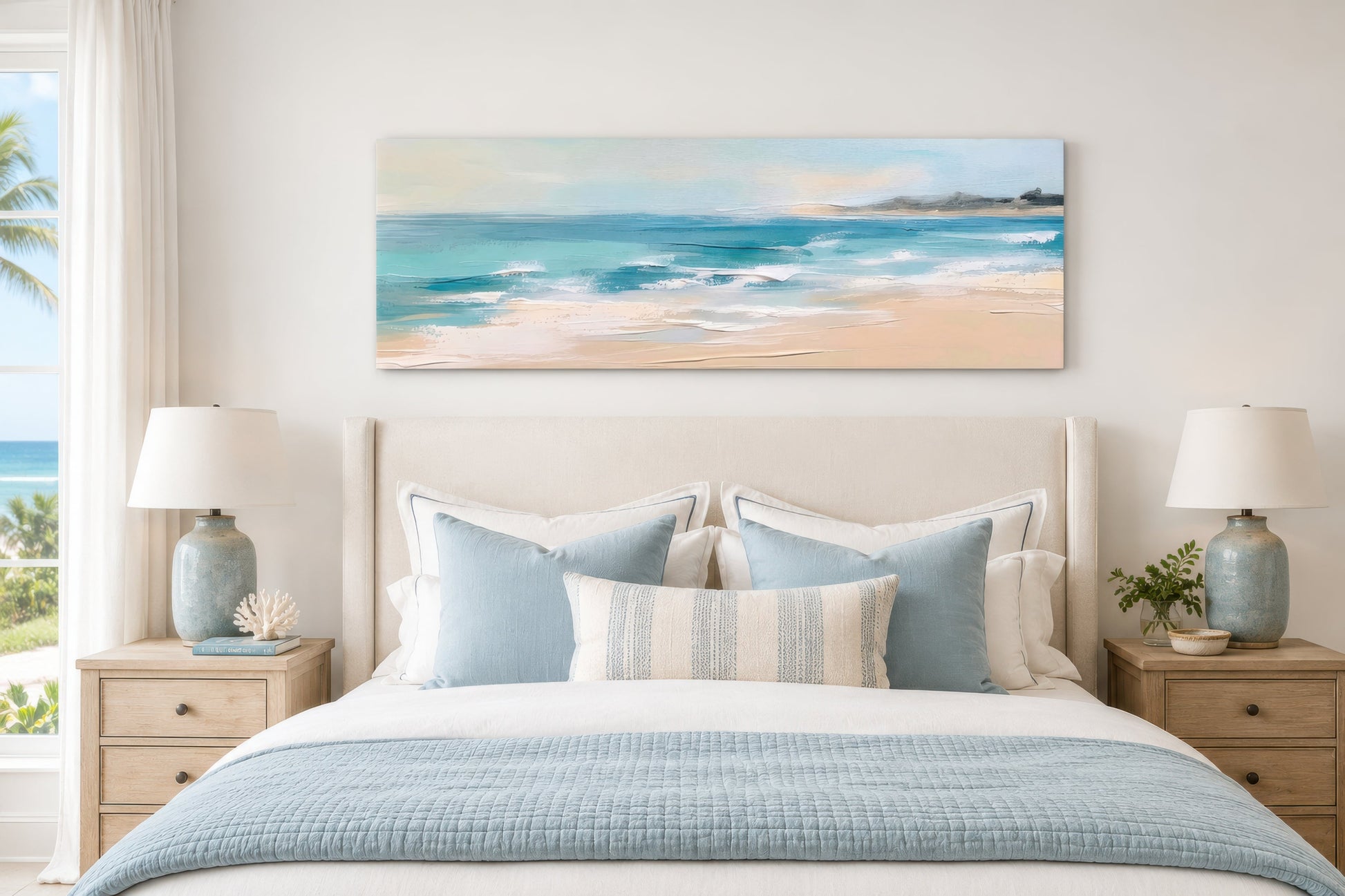 Calm Ocean Beach Panoramic Coastal Framed Canvas Wall Art