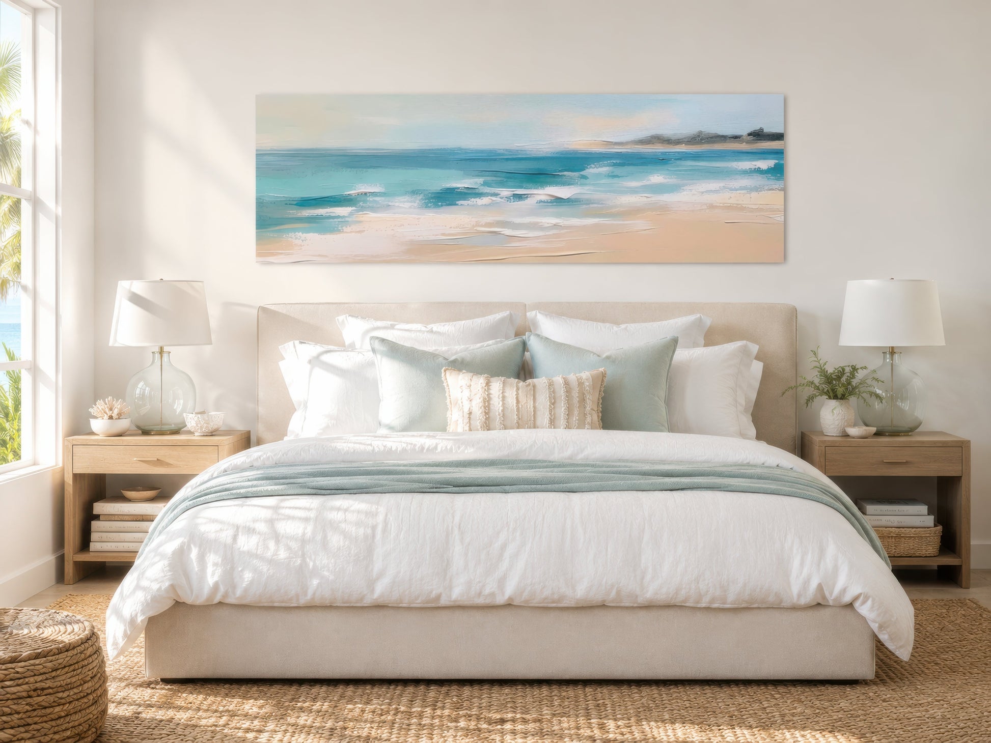 Calm Ocean Beach Panoramic Coastal Framed Canvas Wall Art