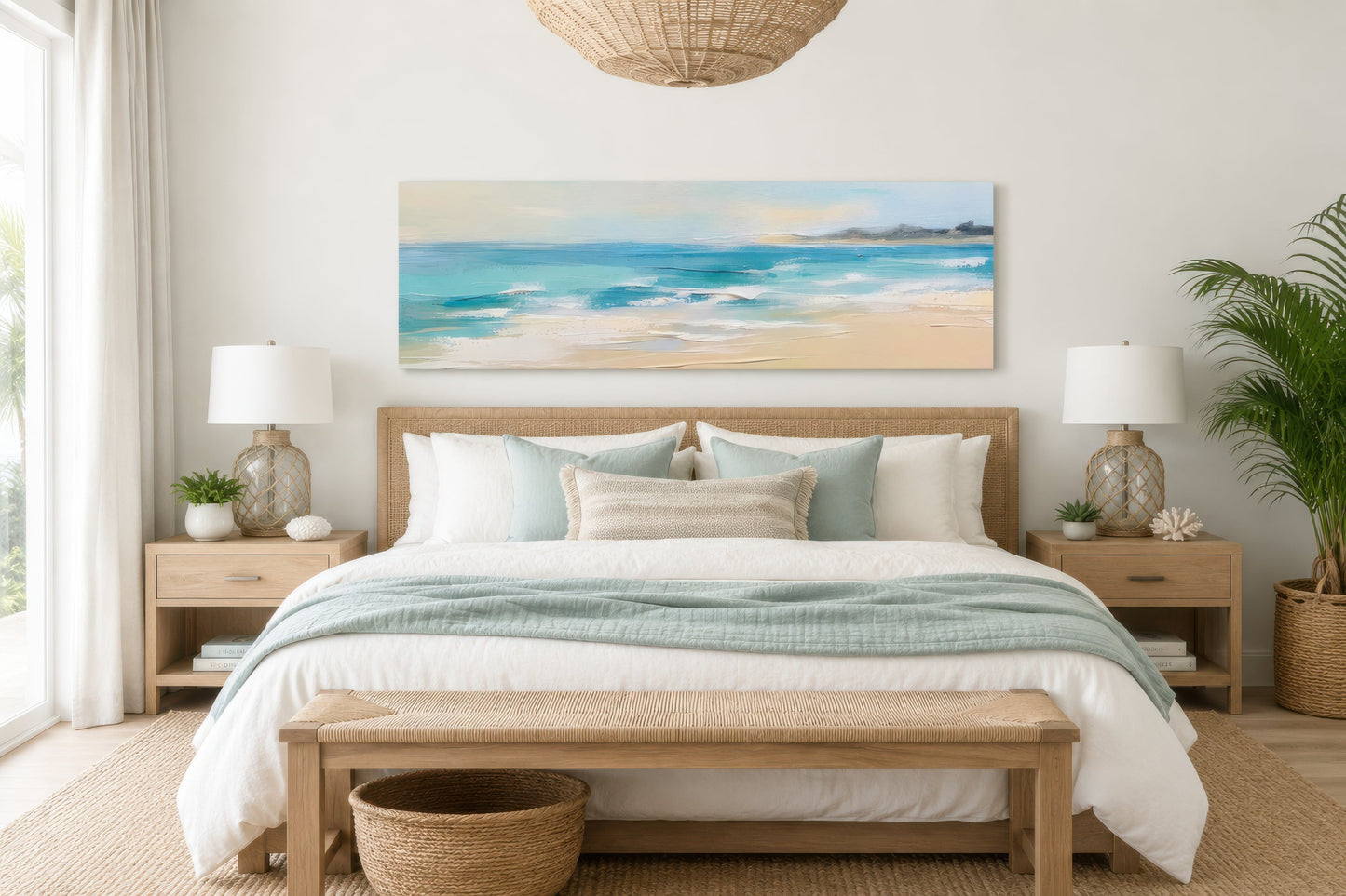 Calm Ocean Beach Panoramic Coastal Framed Canvas Wall Art