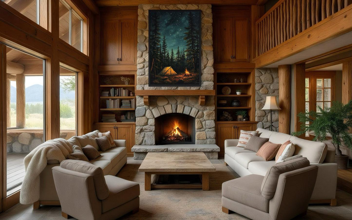 Campfire And Tent In Pine Tree Forest Camping Wall Art For Cabin Decor