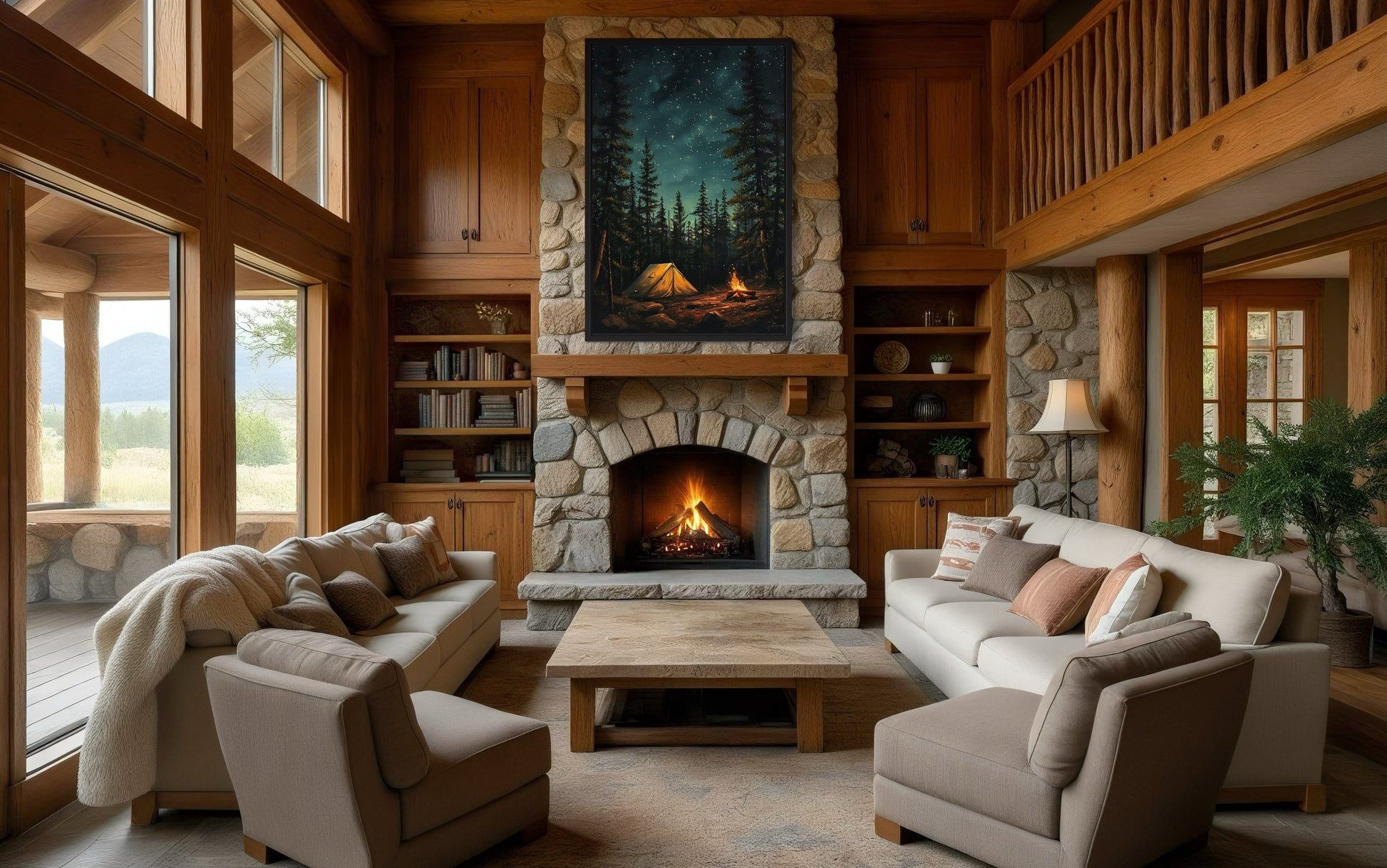 Campfire And Tent In Pine Tree Forest Camping Wall Art For Cabin Decor