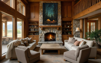 Campfire And Tent In Pine Tree Forest Camping Wall Art For Cabin Decor
