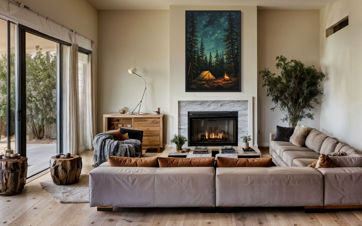 Campfire And Tent In Pine Tree Forest Camping Wall Art For Cabin Decor