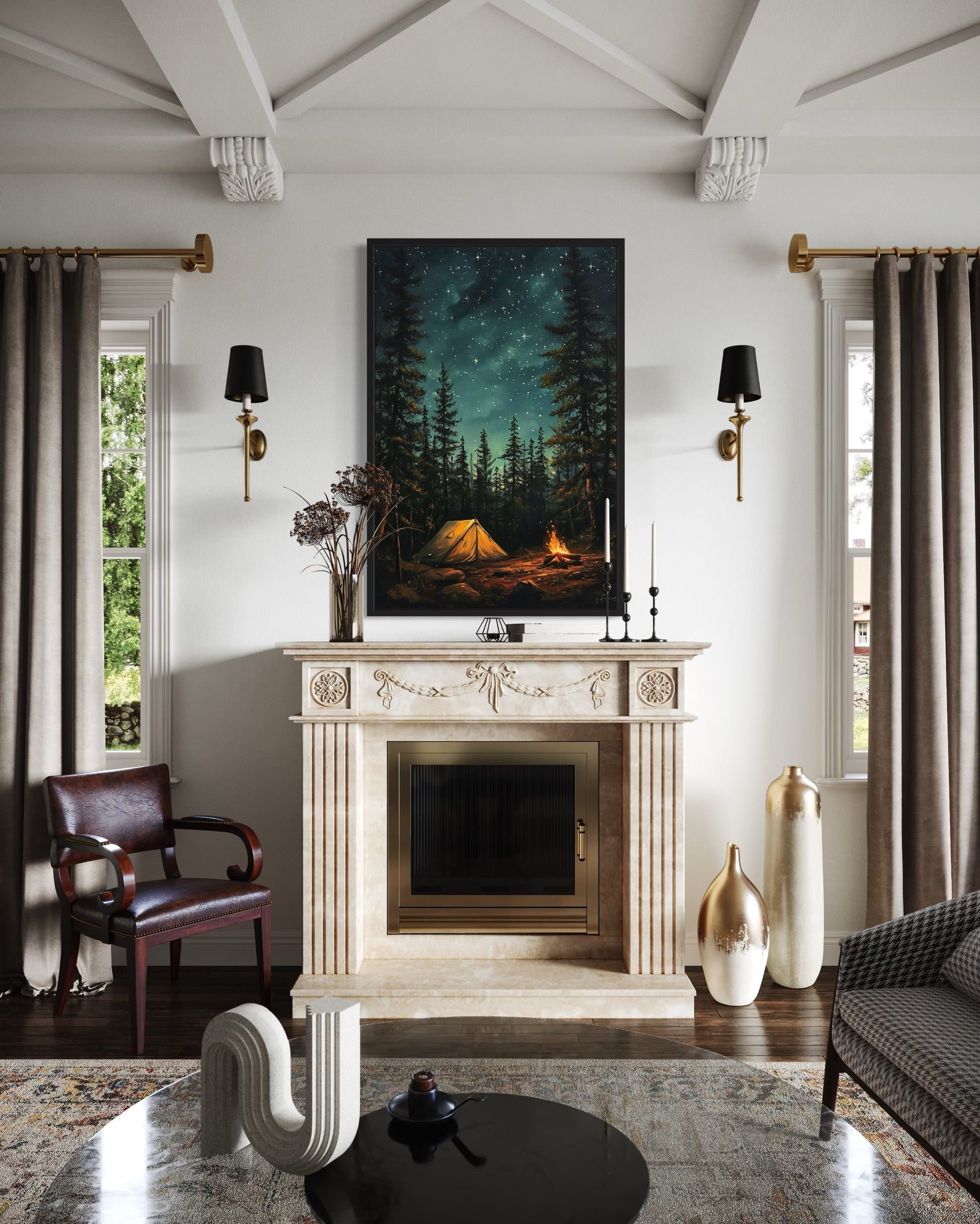Campfire And Tent In Pine Tree Forest Camping Wall Art For Cabin Decor